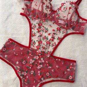 Scarlet Blossom Embroidered Lingerie Set