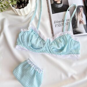 Aqua Gingham Lace Bralette Set