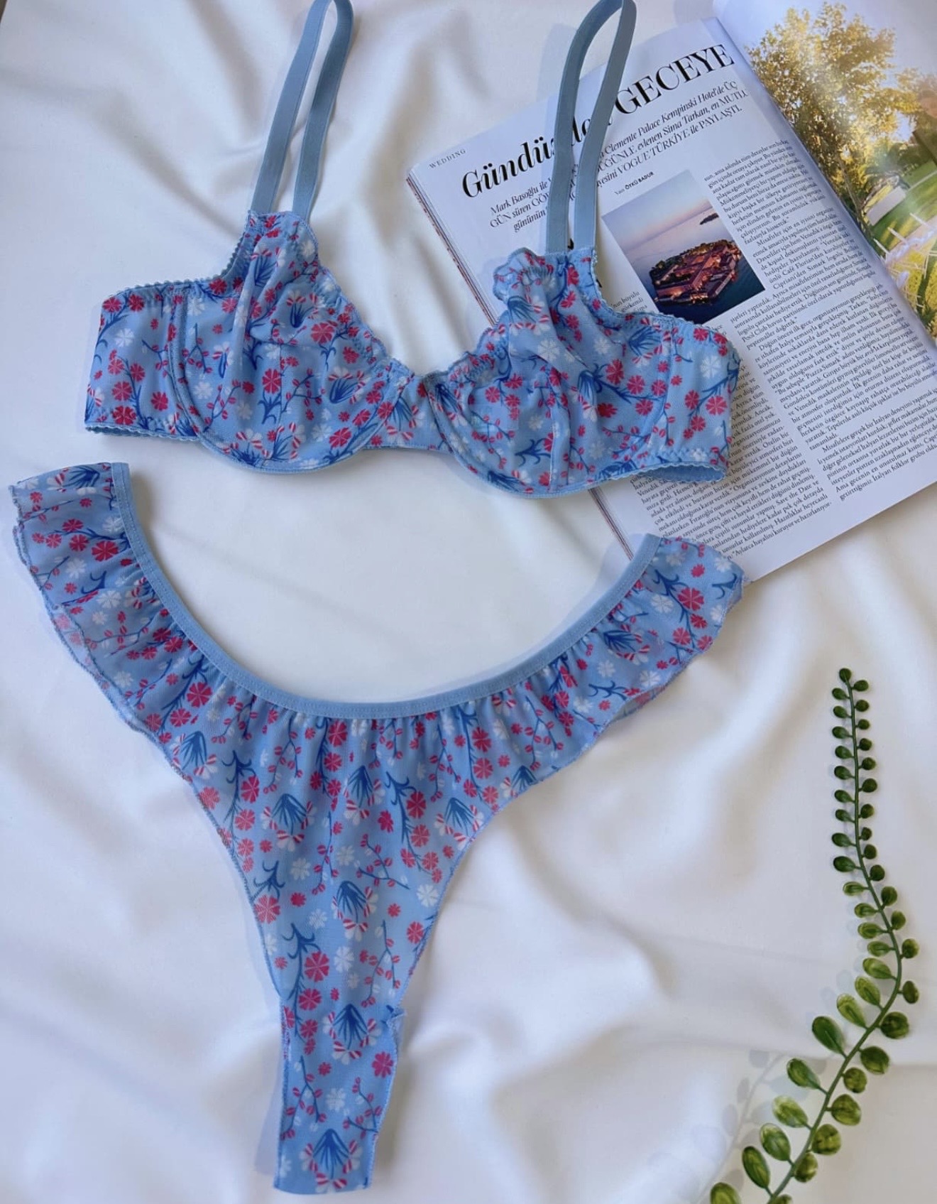 Blue Blossom Floral Ruffle Lingerie Set - Image 2