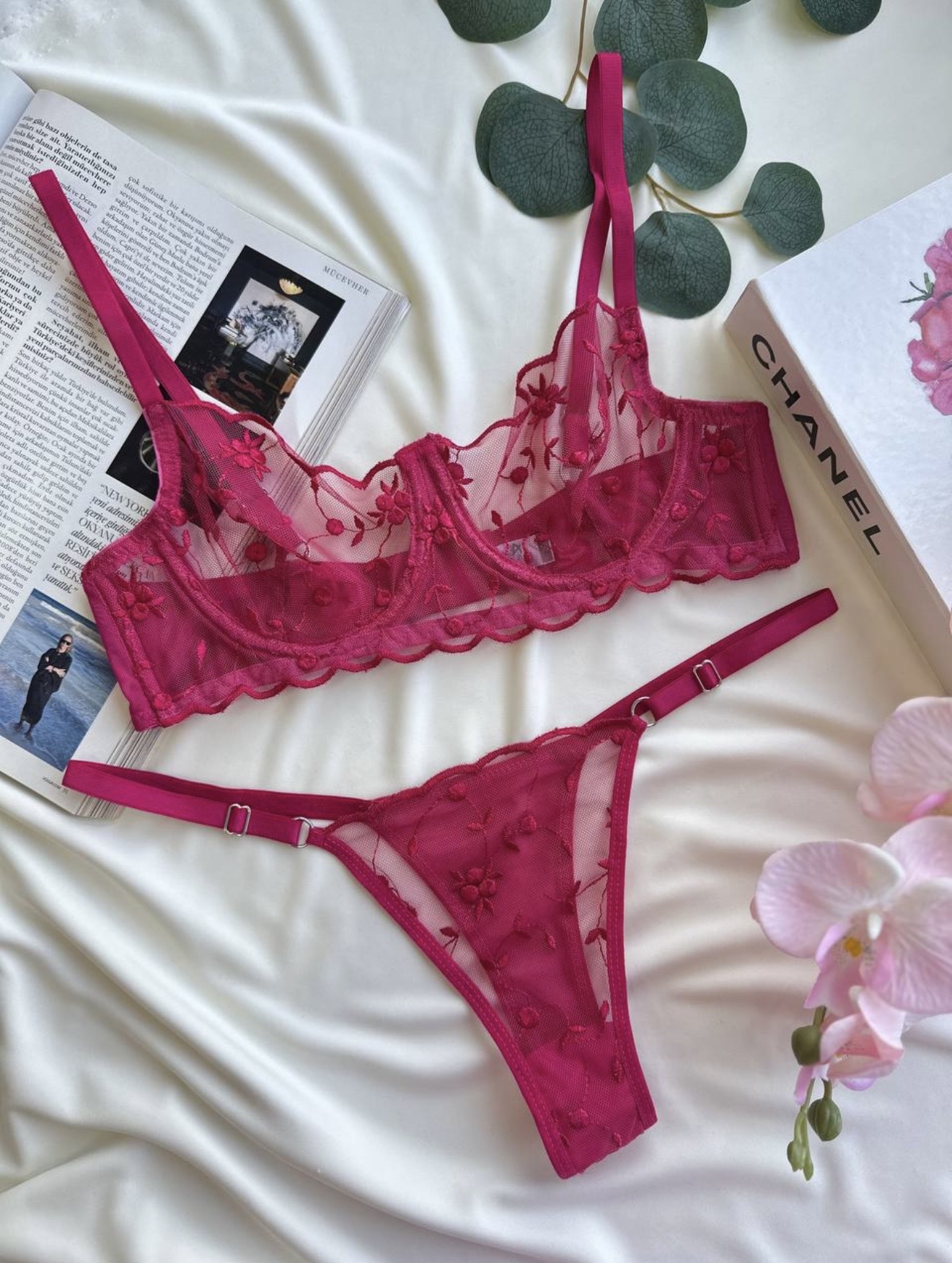 Fuchsia Blossom Embroidered Lace Lingerie Set - Image 4