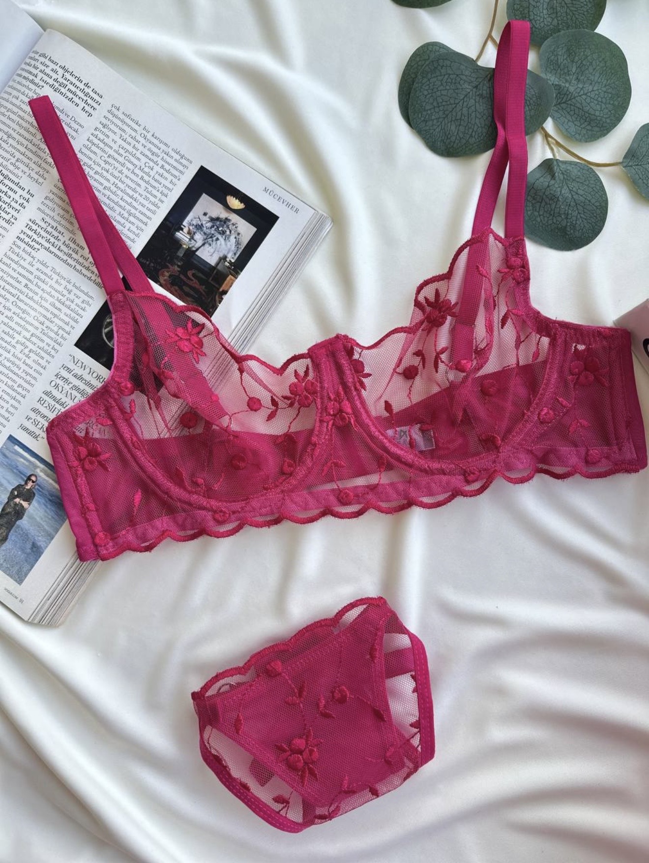 Fuchsia Blossom Embroidered Lace Lingerie Set - Image 2
