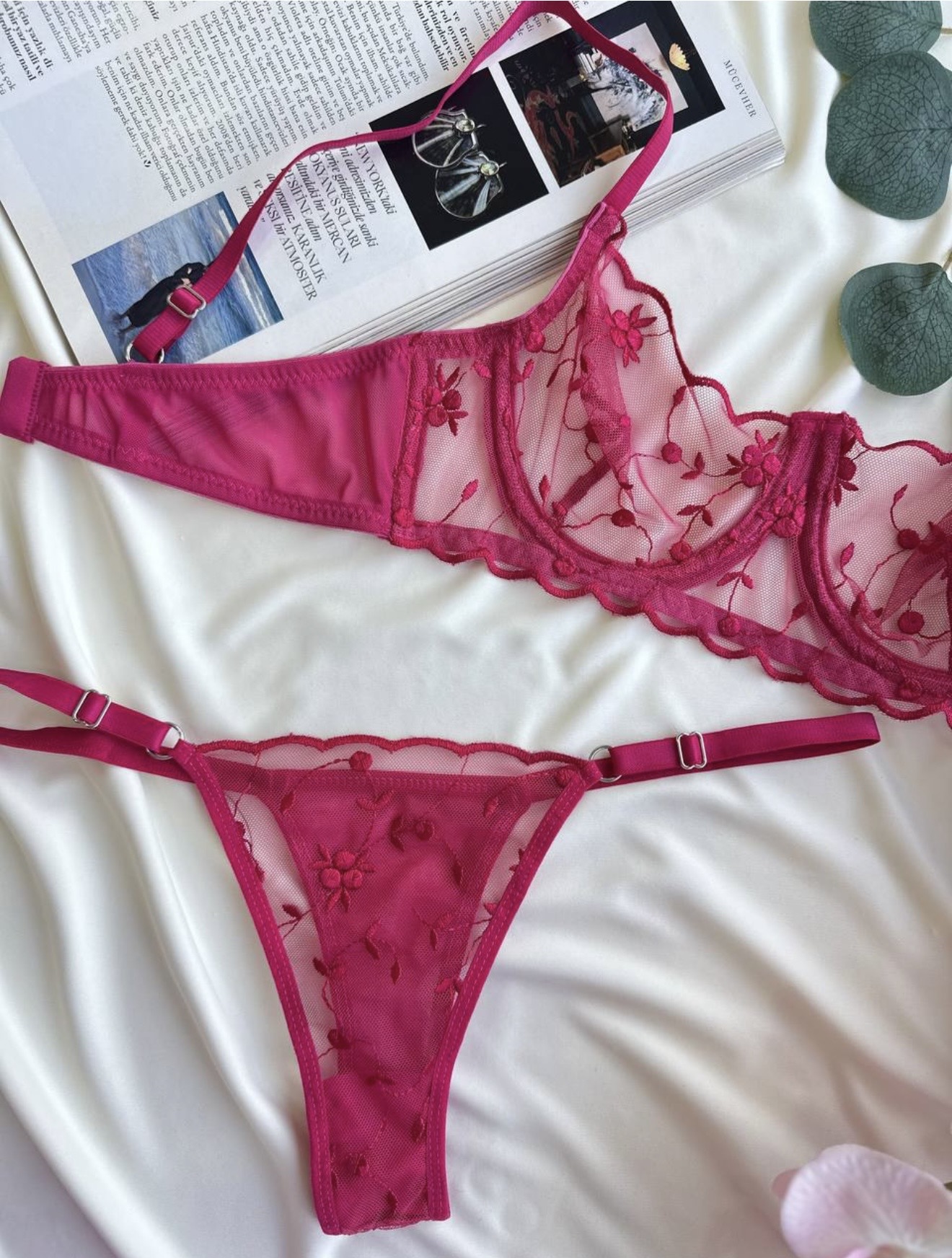 Fuchsia Blossom Embroidered Lace Lingerie Set - Image 3